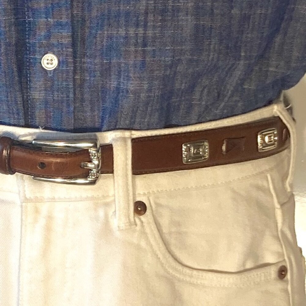 Fossil SZ M Brown leather belt silver accents classic western essential classic
